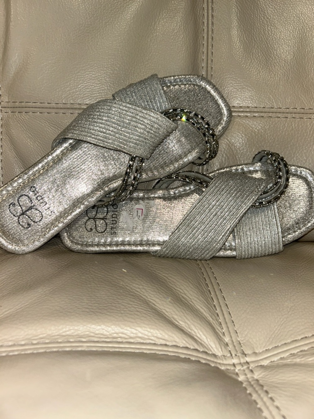 Silver Metallic Slide Sandals with Beaded Rings NWT